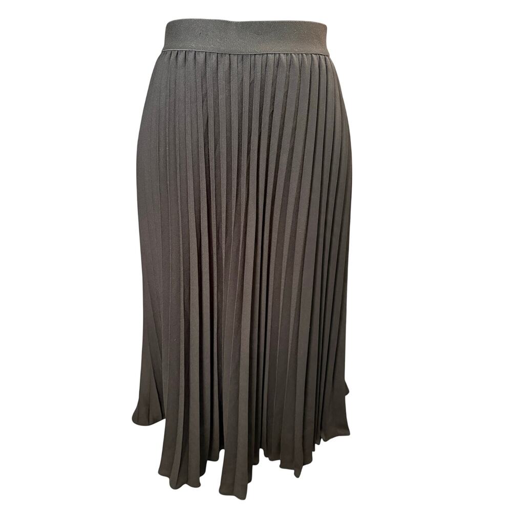 Kate Kasin Black Pleated Midi Skirt XL Elastic Waist A-Line Flowy